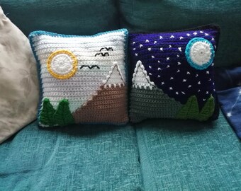 Crochet PATTERN - PDF DOWNLOAD - night and day mountain cushions