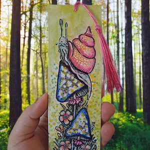 Bookmark handmade watercolour snail mushroom forest fantasy fairy cottagecore fairycore cute flower floral magic