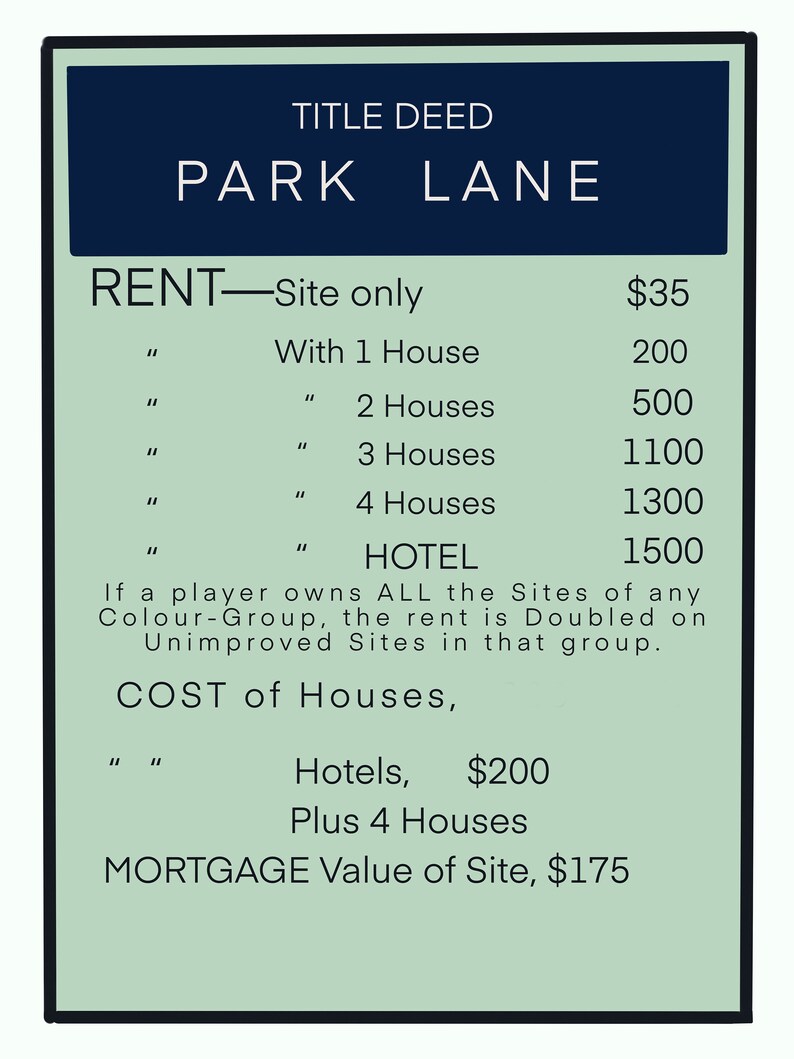 Monopoly Title Deed Park Lane Dollar Version Stylish Digital Etsy Australia