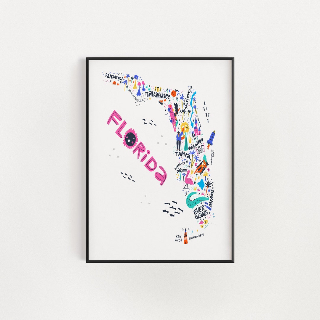 Map of Florida Digital Florida Map Florida Wall Art Etsy