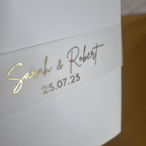 5x7 Flache benutzerdefinierte Goldfolie Perlmutt Hochzeit Bauchband, benutzerdefinierte Hochzeitseinladungen Wrap, Goldfolie Schriftzug, Verlobung Save the Date