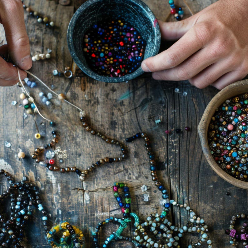 May include: A collection of small, multicolored glass beads in two round bowls and several partially assembled strands of beads. The beads feature various colors including blue, red, yellow, and black, arranged in loose patterns on a wooden surface.