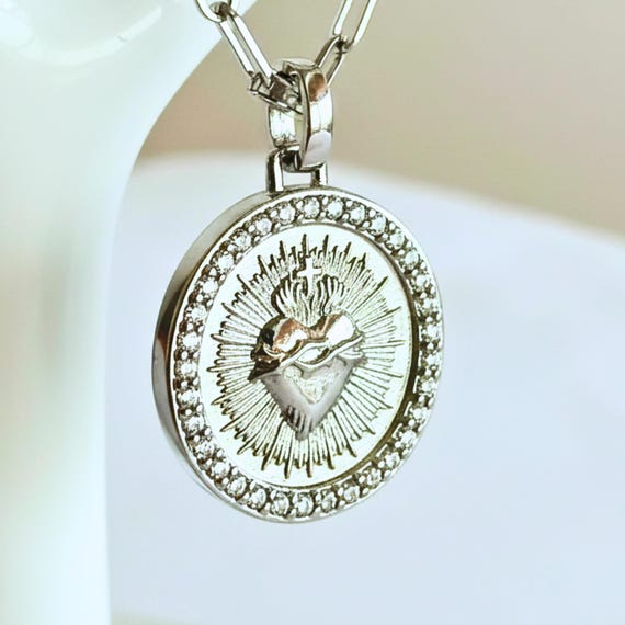 Silver Pendant Necklace Silver Chain Sacred Heart Cross Necklace Faith Gifts Christian Women Jewelry for Men Necklace Silver Charm Gifts