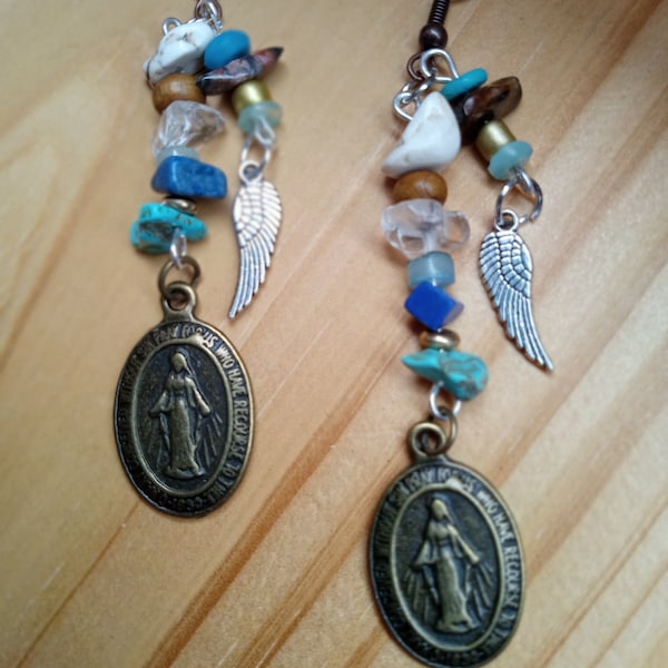 Gemstone Bronze Miraculous Medal Bohemian Dangle Earrings Rustic Country Western Inspired