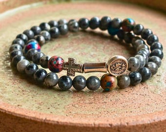 Gemstone Rosary Labradorite Bracelet Stretch Wrist Rosary for Men Jewelry Spiritual Protection Meditation Prayer Stone Bracelet Gift for Her