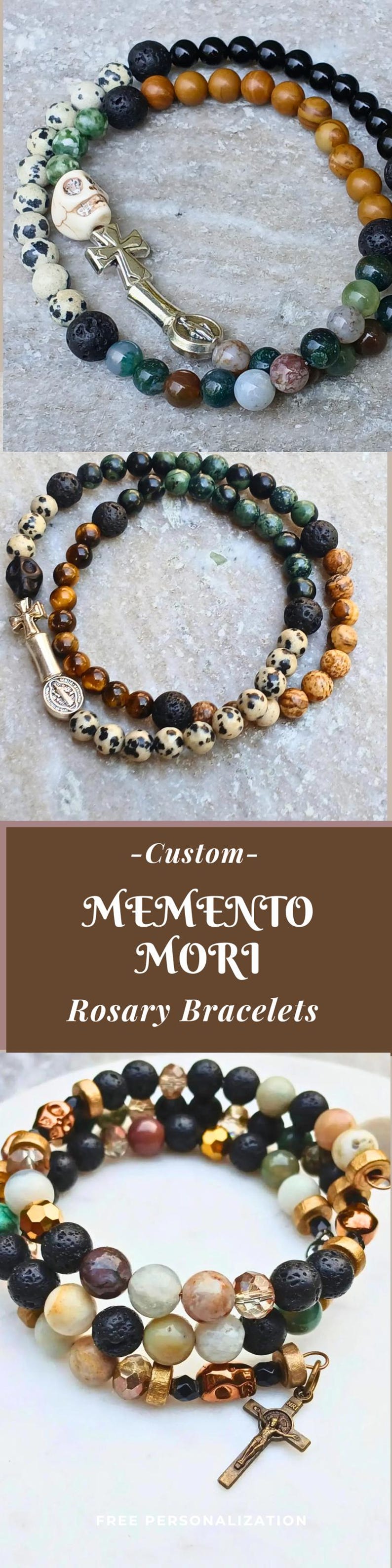 May include: A collection of three beaded rosary bracelets featuring various natural stone beads, including black lava, dalmatian jasper, and tiger eye. Each bracelet incorporates a metal crucifix charm and a small circular religious medal.