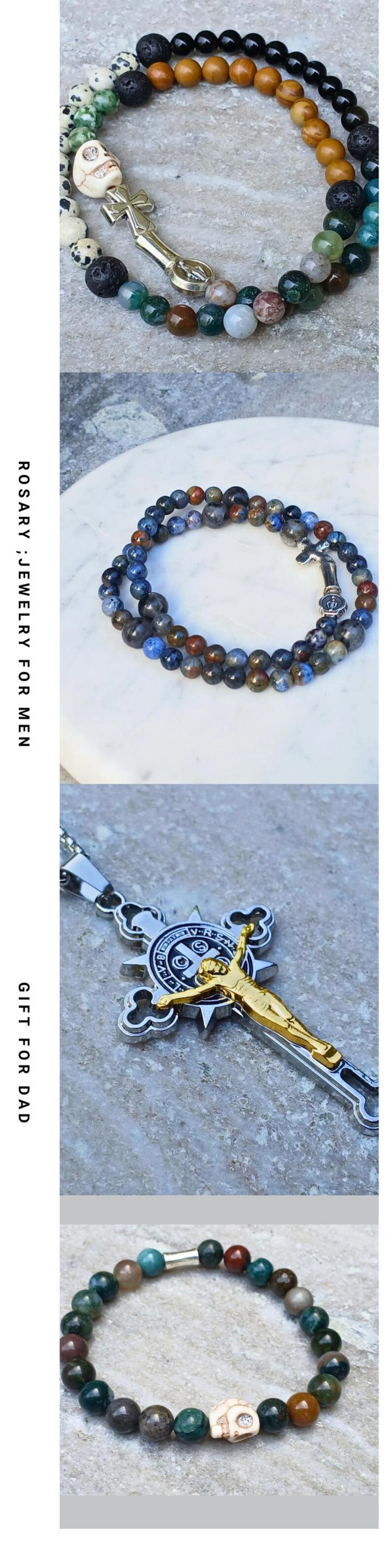 May include: A collection of beaded bracelets featuring various stone textures, including black lava, dalmatian jasper, and green agate, alongside a silver-toned crucifix pendant and a gold-toned crucifix with a Saint Benedict medal.