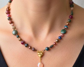 Sacred Heart Necklace Crystal Moon Pendant Design Vintage Upcycled Religious Jewelry Catholic Gift Spiritual Woman Faith Accessory Mixed Gem