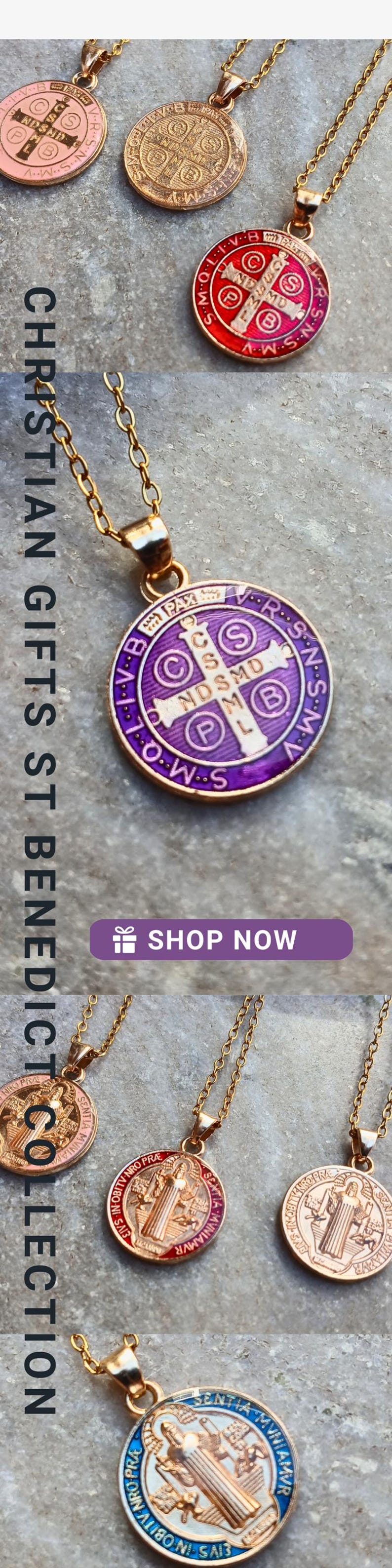 May include: A collection of gold-tone Saint Benedict pendant necklaces featuring circular medals with colorful enamel inlays in shades of red, purple, and blue, suspended from delicate gold-tone link chains on a textured stone surface.