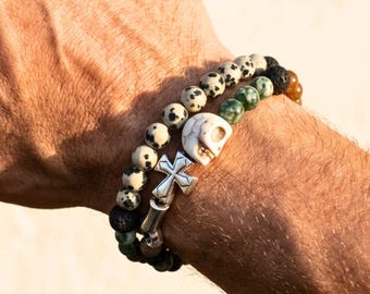 Gemstone Jewelry Memento Mori Catholic Rosary Beaded Bracelet Gift for Him Gift for Her Jewelry for Men Gothic Skull Bracelet Christian Art