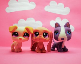 Littlest Pet Shop Pink and Brown Basset Hound #2027 Purple Bullterrier Blind Bag #2448 Yellow Jack Russel #1110