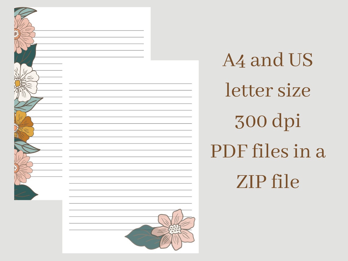 Printable Lined Letter Paper Retro Flowers Stationery A4 US Letter Size ...