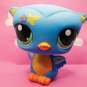 May include: A blue owl figurine with large black eyes, green and white accents, and an orange beak. The owl has yellow accents on its head and orange feet. A flower and leaf design is on the head.