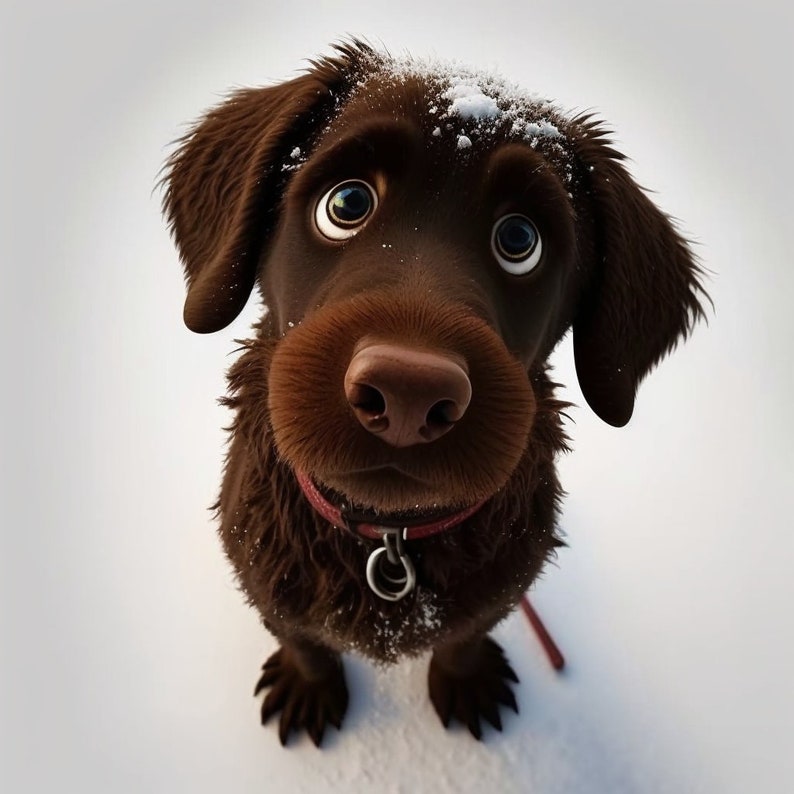 May include: A brown Labrador Retriever dog with large, round eyes looks up at the camera with a playful expression. The dog has a red collar and is covered in snow.