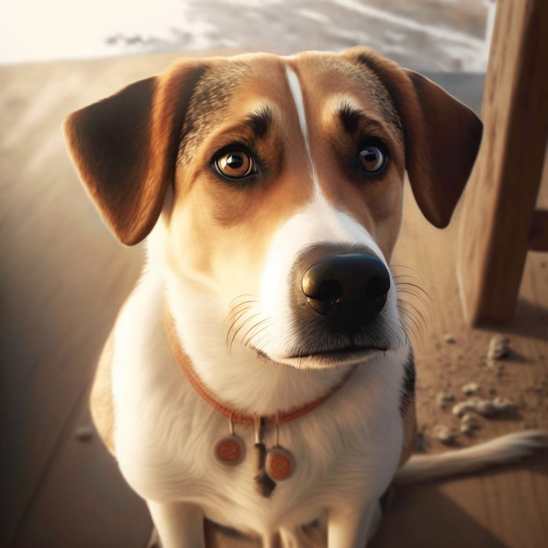 May include: A close-up of a brown and white dog with a brown leather collar and two silver tags. The dog has a white muzzle and brown eyes. The dog is looking at the camera.
