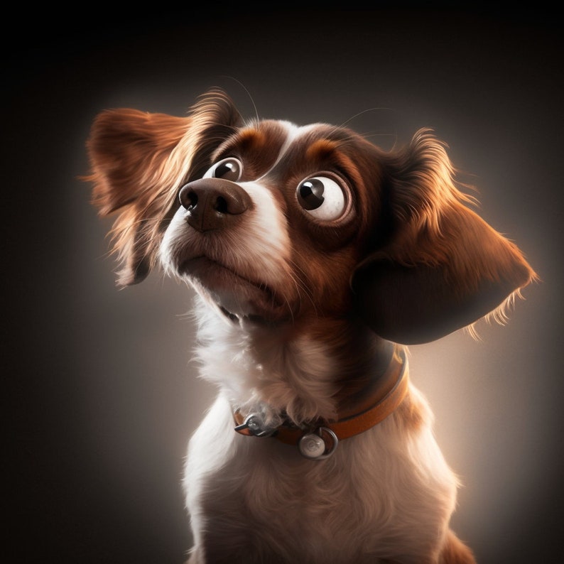 May include: A brown and white dog with large, round eyes looks up with a surprised expression. The dog is wearing a brown leather collar with a silver tag.