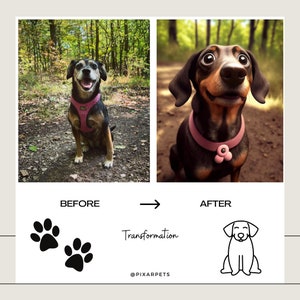 May include: Before and after image of a dog. The before image shows a brown and black dog sitting in a woodland. The after image shows a cartoon version of the dog with large eyes and a pink collar. The text "Transformation" is below the images.