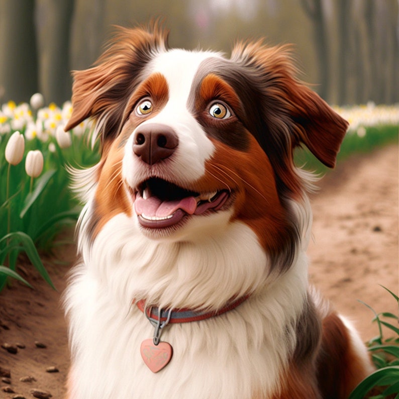 May include: A brown and white Australian Shepherd dog with a pink heart-shaped tag on its collar, looking up with a happy expression.