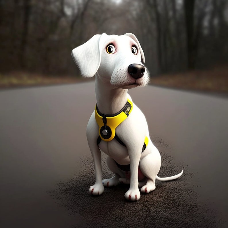 May include: A white cartoon dog with black eyes and a yellow and black harness. The dog is sitting on a grey surface.
