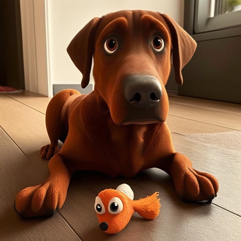 May include: A brown dog with floppy ears and a sad expression looks at the camera. The dog is lying on a wooden floor with a small orange fish toy in front of it.