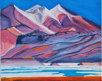 Désert d'Atacama, peinture acrylique sur toile, meubles faits à la main, chili, montagnes, berge, artisanal, montagnes, désert