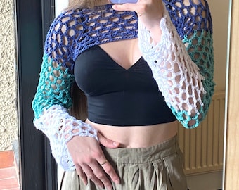 Handmade Crochet Three Colour Mesh Sleeves, Blue Fishnet Crochet Top, Y2k, Aesthetic Crop Top, Streetware, Size Small