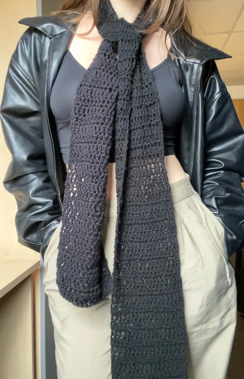 Handmade Crochet Black Thin Scarf Aesthetic Pinterest Scarf