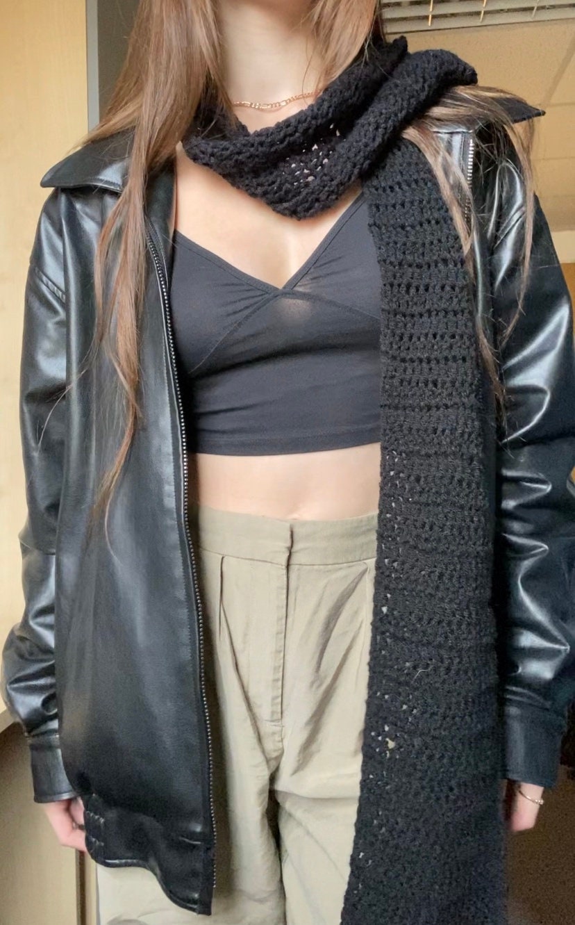 Black Super-Thin Crochet Scarf