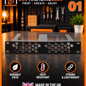 May include: A black rack mount bracket featuring a honeycomb pattern on the front panel with four mounting holes. The bracket is made of durable PETG material, is heat resistant, and is described as strong and lightweight. Text includes 3DPrintHomeLabs.