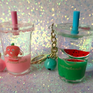 Fruit peach watermelon  Liquid Keychain, kawaii Keychain, Quicksand Keychain, Kawaii Keychain, Bubble Tea Keychain, Milk Tea Keychain, gift