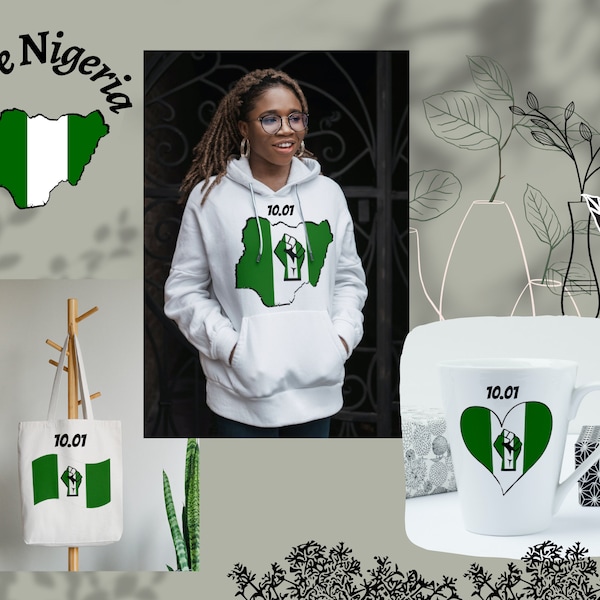 Nigeria Independence Celebration Digital Download Package, Flag with Fist, Country Map with Fist, Heart with Fist on Mug, Hoody & Tote Bag