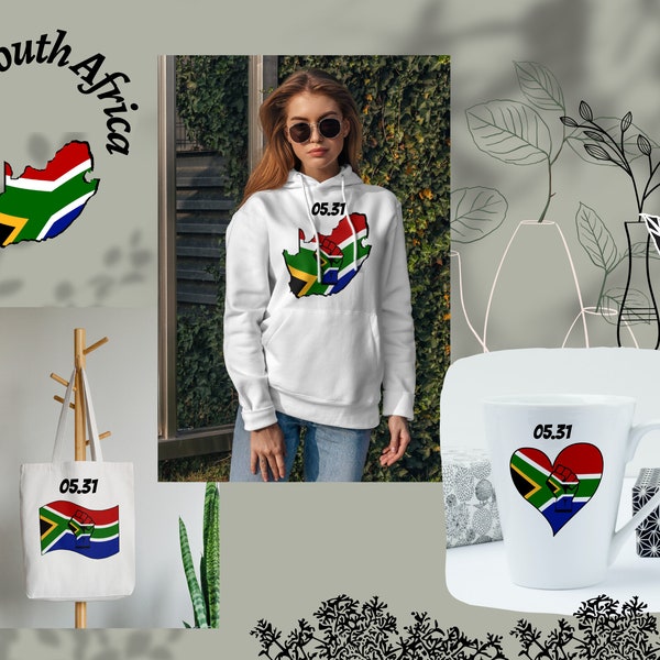 South Africa Independence Celebration Digital Download Package, Flag with Fist, Map with Fist, Heart with Fist on Mug, Hoody & Tote Bag