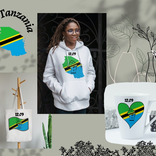 Tanzania Independence Celebration Digital Download Package, Flag with Fist, Country Map with Fist, Heart with Fist on Mug, Hoody & Tote Bag