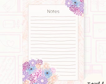 May include: A printable floral lined paper with the word "Notes" at the top. The paper has a pink and white floral design on the top and bottom corners.