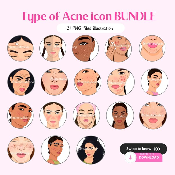 Type of Acne with face clipart (INSTANT download), Skin icon,  Skincare illustration, PNG files