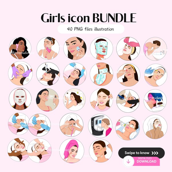 Cosmetology Girls Icon Bundle (Téléchargement INSTANTANÉ), Icône de la peau, Illustration de soins de la peau, fichiers PNG