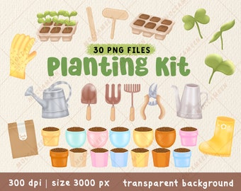 planting kit seedling baby tree and garden tool clipart for decoration or garden journal