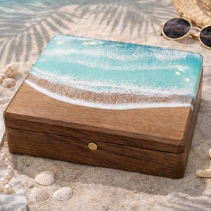 Personalisierte Ocean Resin Holzschmuckschatulle: Reiseandenken
