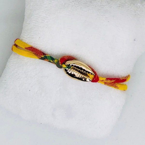 Bracelet madras coquillage « Cauri » doré