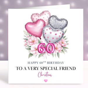 Personalized Friend Birthday Card Pink Silver Design Champagne, Gift & Balloons Any Age/Name 16th 18th 21st 30th 40th 50th 60th 70th 80th 90