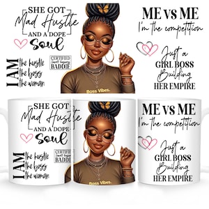 Könnte beinhalten: Weiße Keramik-Tasse mit einer Illustration einer schwarzen Frau mit Brille und Goldschmuck. Auf der Tasse steht der Text "She Got Mad Hustle and a Dope Soul" und "Just a Girl Boss Building Her Empire."