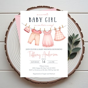 A sweet baby girl Boho Clothesline Baby Shower Invitation, Boho Baby Clothes, Editable Instant Digital