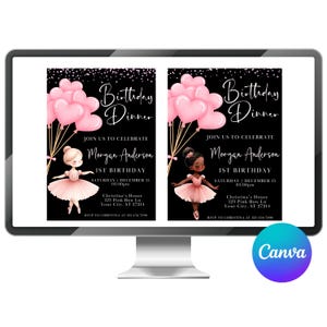 Ballerina 1st Birthday Invitation, Pink Ballerina Invite, Ballet Birthday Invitation Template, Printable Ballerina Party Invite