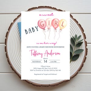 Baby shower invitation, Balloon baby shower invite, boho baby shower invite, Pink Girl Baby shower invite, editable template