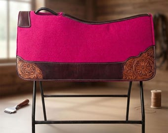 Custom Fuchsia Felt Western Saddle Pad with Hand-Tooled Sunflower Leather Corners