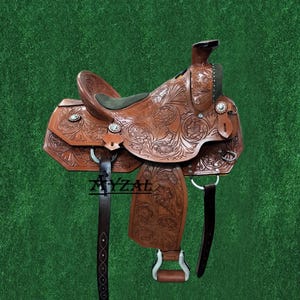 Quality Handmade Western Carving Horse Saddle  HBL Leather with Full Harness Seat Size 10 To 18 inch Free Shipping