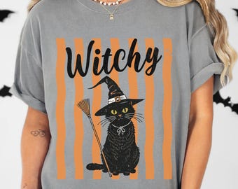 Witchy Black Cat Shirt for Halloween, Spooky Season Cat Lover Gift, Trick or treat tee
