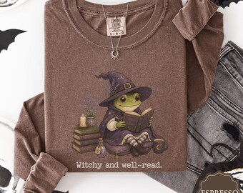 T-shirt à manches longues « Sorcière » pour les amoureux des livres, cadeau idéal pour les lecteurs passionnés, couleurs confortables et féministes.