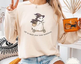 T-shirt fantôme effrayant pour amoureux des livres, cadeau idéal pour les lecteurs passionnés, t-shirt à manches longues aux couleurs confortables et mignonnes