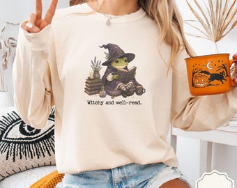 T-shirt à manches longues « Sorcière » pour les amoureux des livres, cadeau idéal pour les lecteurs passionnés, couleurs confortables et féministes.